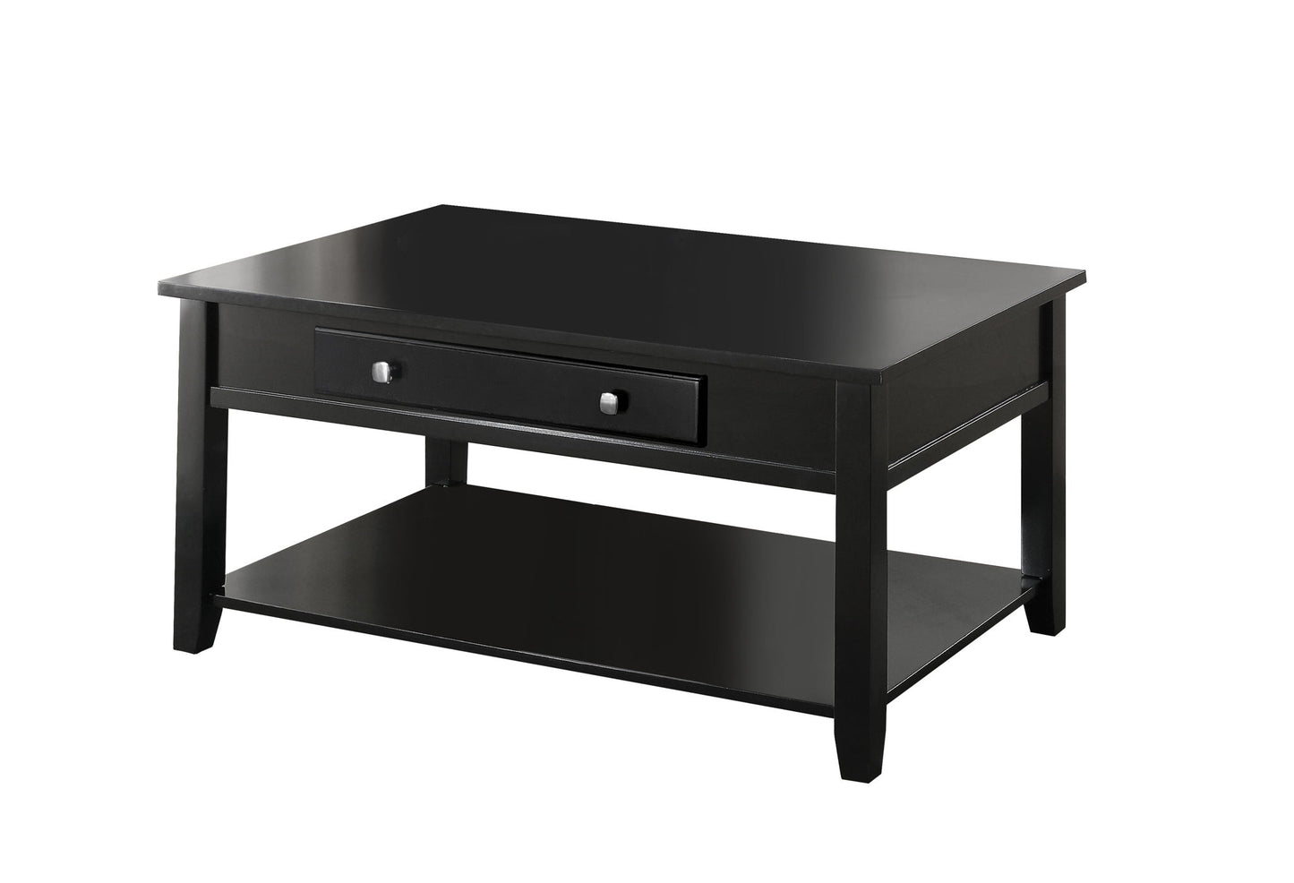 The Malachi Coffee Table With Lift Top in black features a modern rectangular design, clean lines, a central drawer, and a lower shelf for added storage.