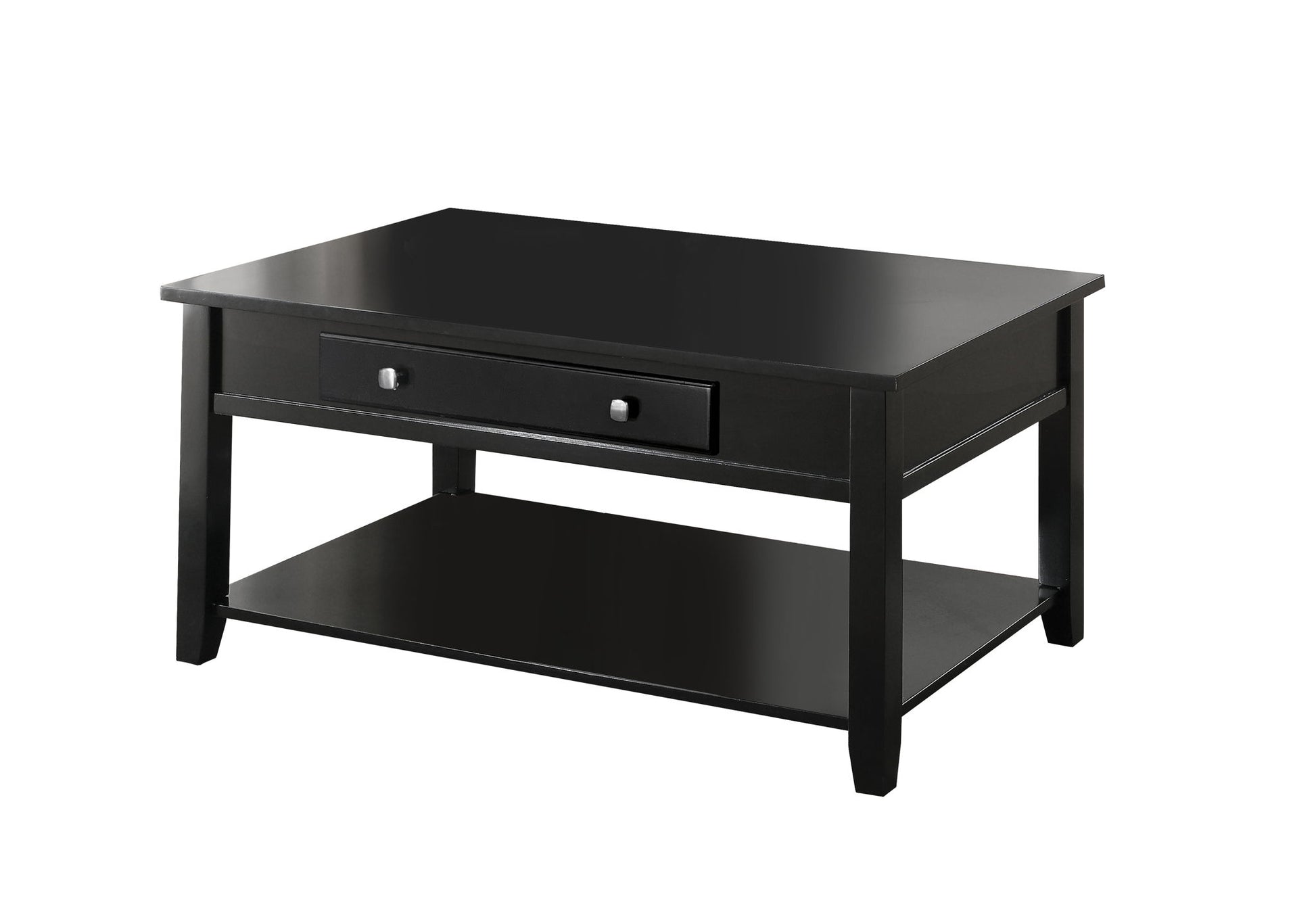 The Malachi Coffee Table With Lift Top in black features a modern rectangular design, clean lines, a central drawer, and a lower shelf for added storage.