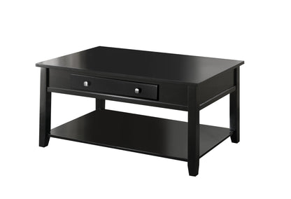 The Malachi Coffee Table With Lift Top in black features a modern rectangular design, clean lines, a central drawer, and a lower shelf for added storage.