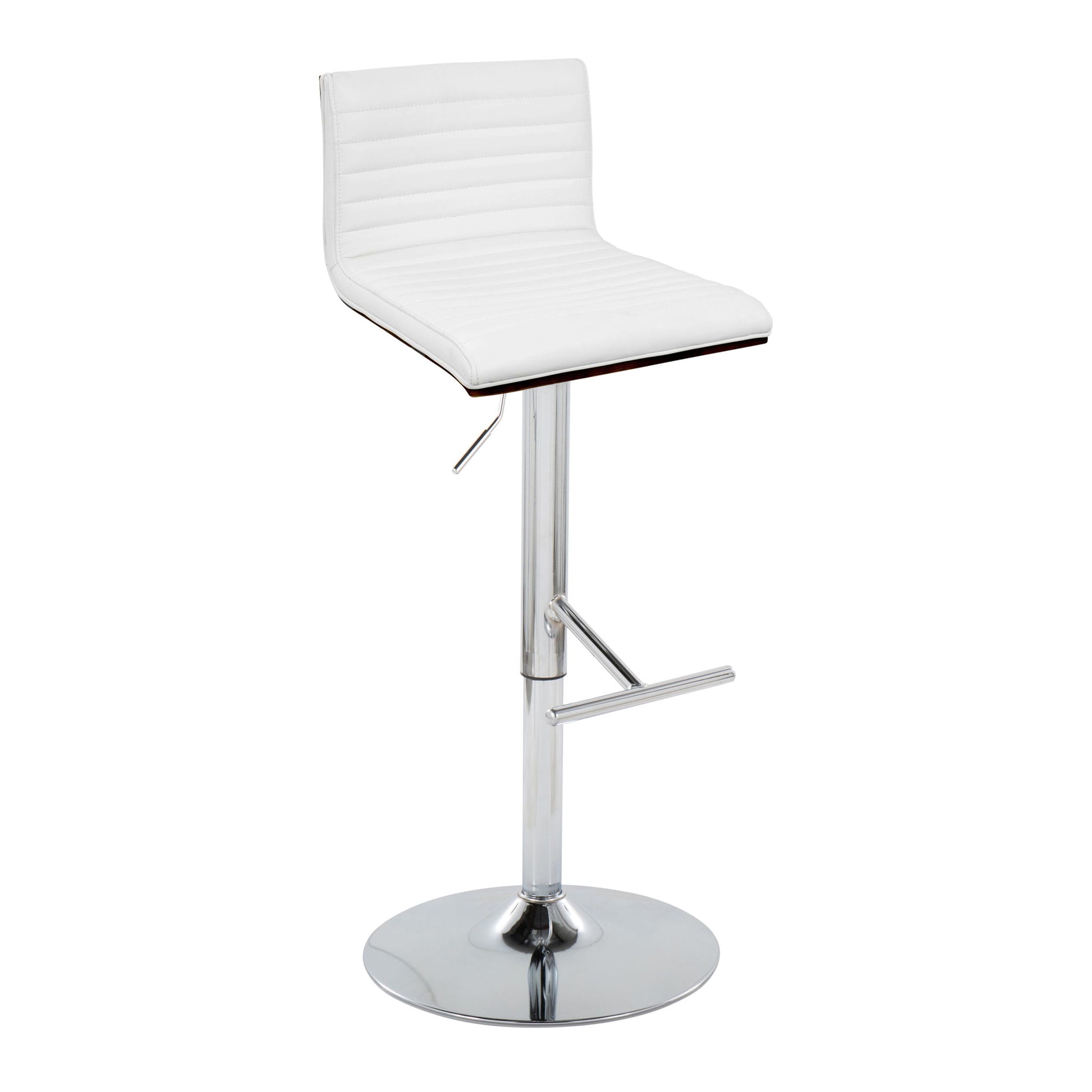 The Mason Contemporary Adjustable Barstool features a white ribbed cushioned seat, backrest, chrome pedestal base, and straight T footrest in a sleek, minimalist design. Swivels and comes as a set of 2.