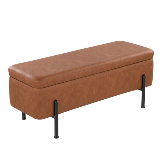 The Daniella Contemporary Storage Bench features a camel cushioned top, black upholstery, and four black metal legs, displayed against a white background.
