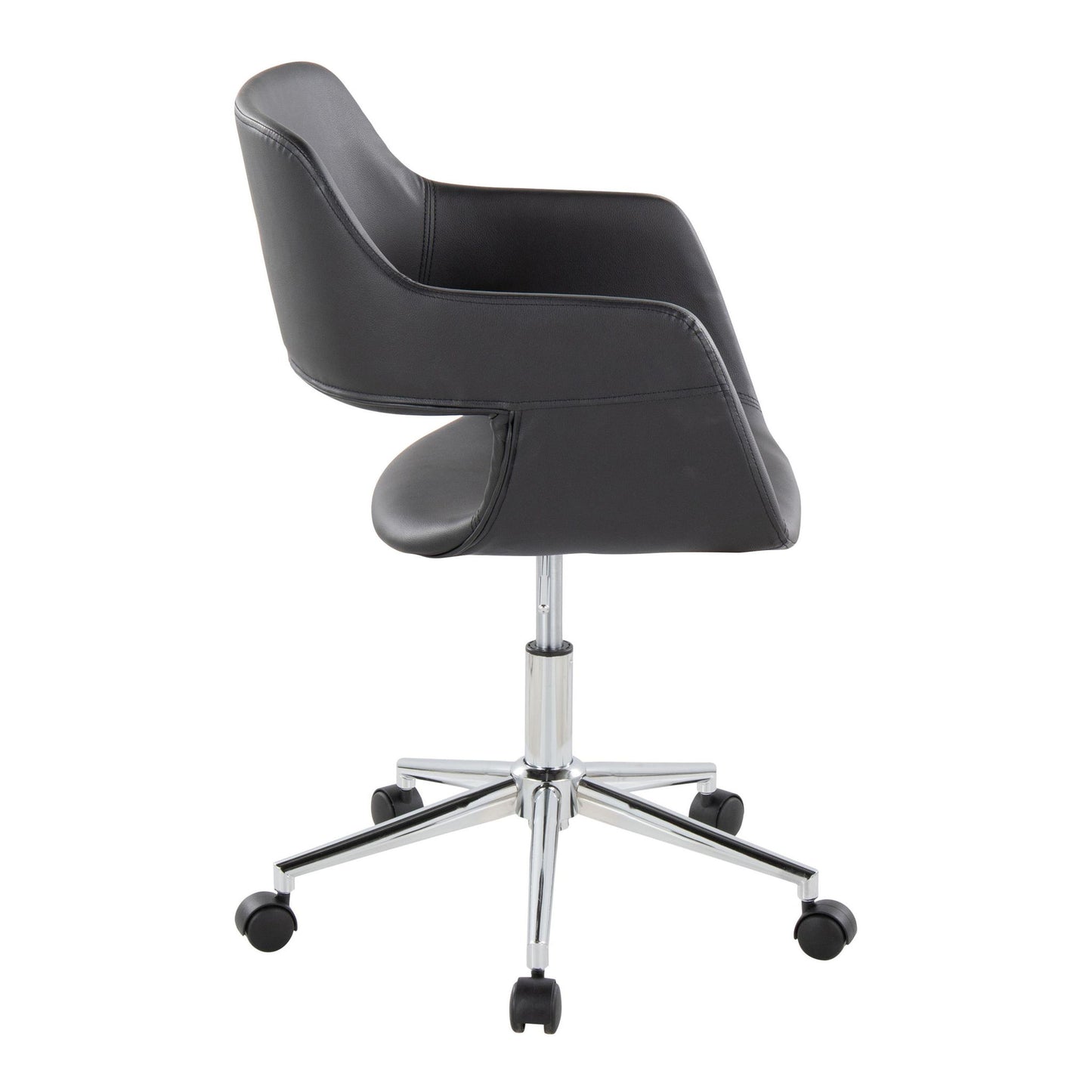 The Margarite - Contemporary Office Task Chair features a sleek black design with armrests, a cushioned seat, and a five-wheel chrome base, shown from a rear-side angle.