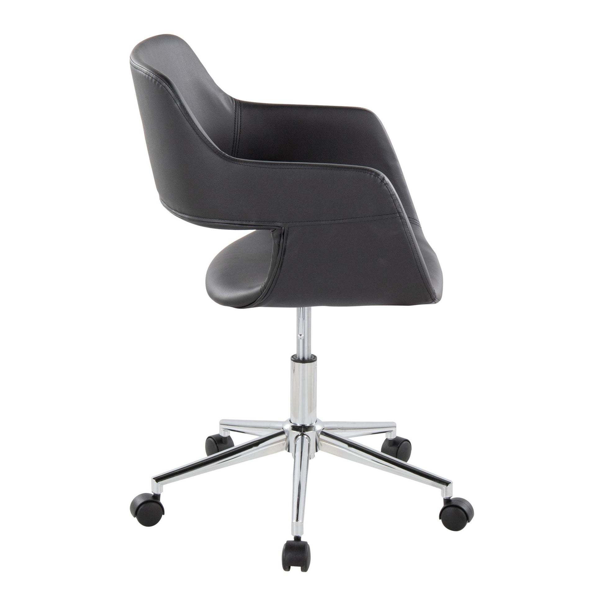 The Margarite - Contemporary Office Task Chair features a sleek black design with armrests, a cushioned seat, and a five-wheel chrome base, shown from a rear-side angle.