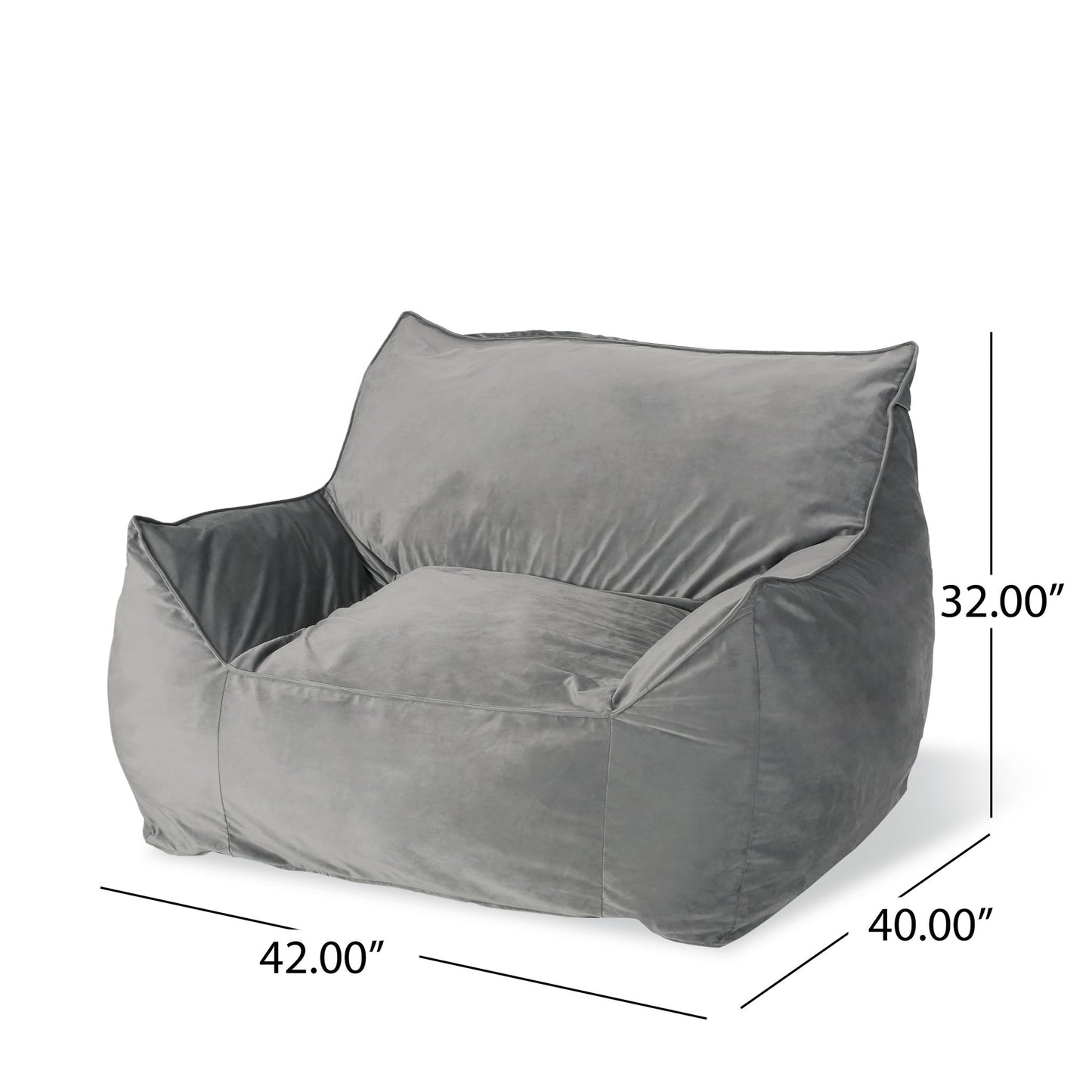 The Allea - Bean Bag Chair With Armrests is shown from the front, in large gray size, featuring armrests and backrest. Its dimensions are 42" wide, 40" deep, and 32" high.