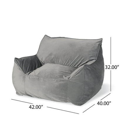 The Allea - Bean Bag Chair With Armrests is shown from the front, in large gray size, featuring armrests and backrest. Its dimensions are 42" wide, 40" deep, and 32" high.