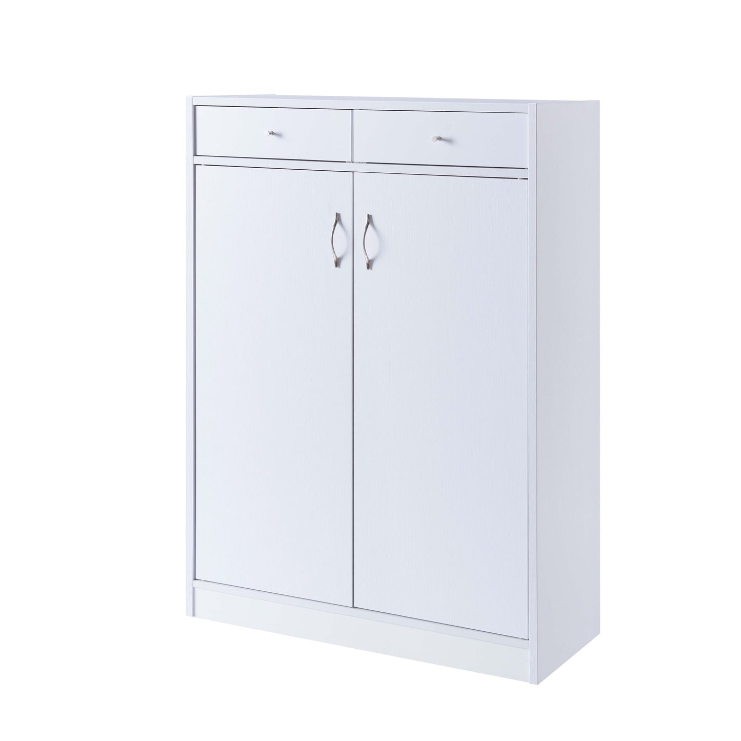 A white Shoe Storage Cabinet with five shelves and two top drawers, fitting 15 pairs of shoes, features metallic handles on both the drawers and doors, all displayed against a plain white background.