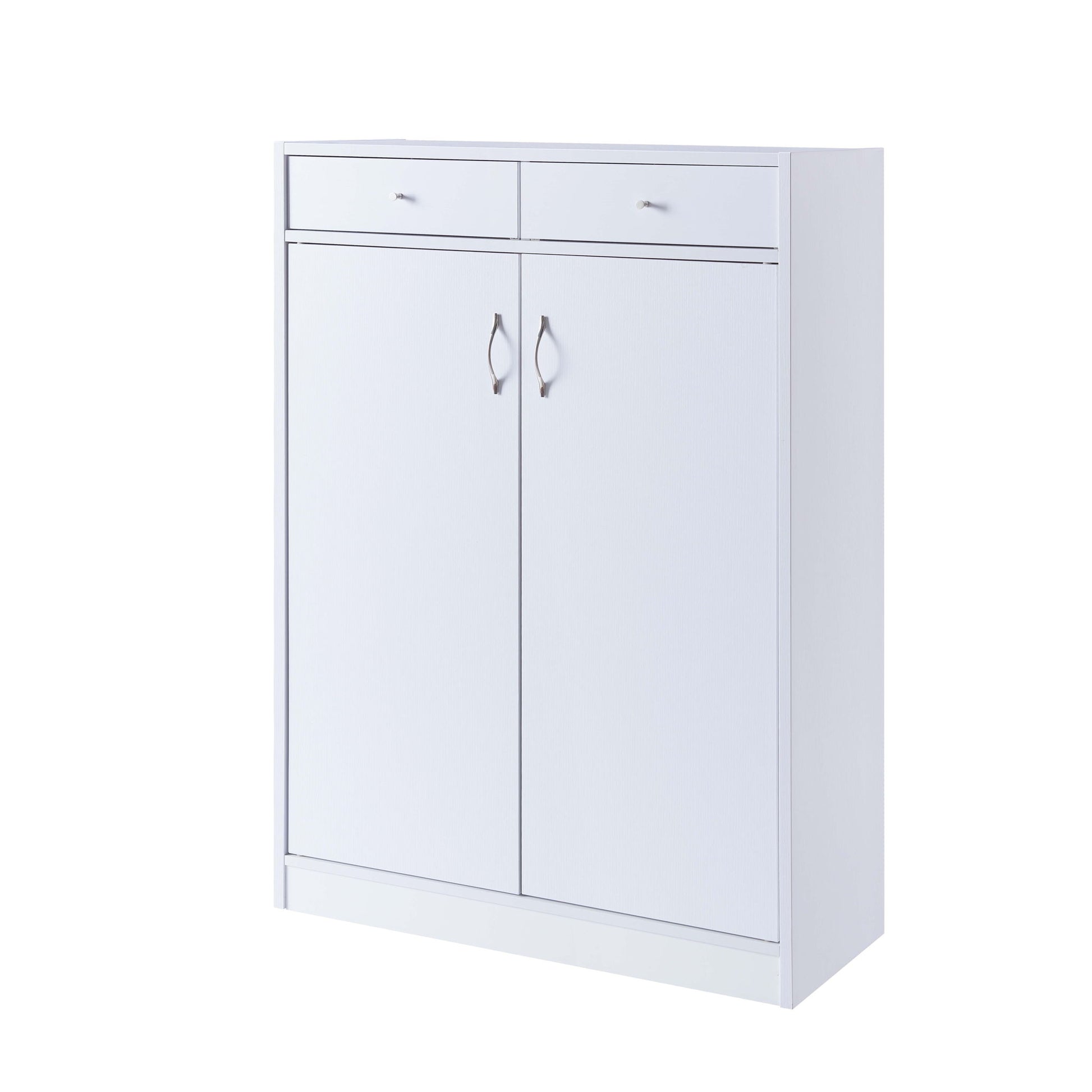 A white Shoe Storage Cabinet with five shelves and two top drawers, fitting 15 pairs of shoes, features metallic handles on both the drawers and doors, all displayed against a plain white background.