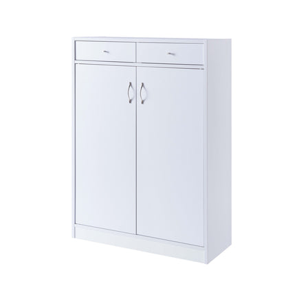 A white Shoe Storage Cabinet with five shelves and two top drawers, fitting 15 pairs of shoes, features metallic handles on both the drawers and doors, all displayed against a plain white background.