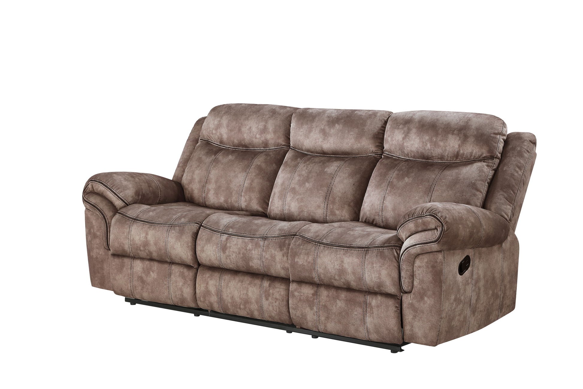 The Zubaida Two Tone Velvet Recliner Sofa features plush cushioning, wide armrests, stitch detailing, and manual recliners with levers on each side. It includes a USB port and a drop down table for added convenience.