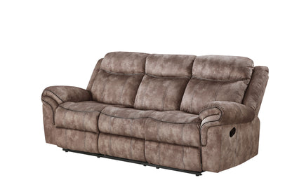 The Zubaida Two Tone Velvet Recliner Sofa features plush cushioning, wide armrests, stitch detailing, and manual recliners with levers on each side. It includes a USB port and a drop down table for added convenience.