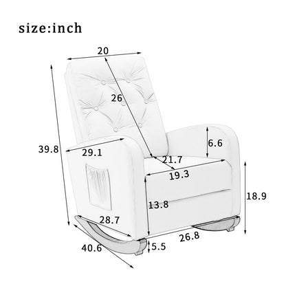 Line drawing of the Single Sofa Reclining Japanese Chair Lazy Sofa Tatami Balcony Adjustable Chair with armrest pocket, labeled in inches: backrest 26"x20", seat 21.7"x19.3", arm height 6.6", chair height 39.8", base 40.6"x26.8".