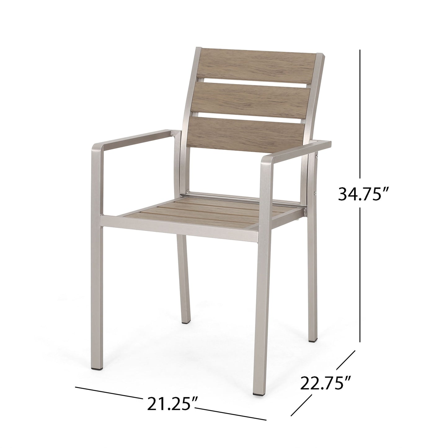 The Dreamlan Outdoor Aluminum Dining Chair (Set of 2) features light wood slats, a sturdy metal frame, and measures 34.75"H x 21.25"W x 22.75"D—perfect for modern outdoor spaces.