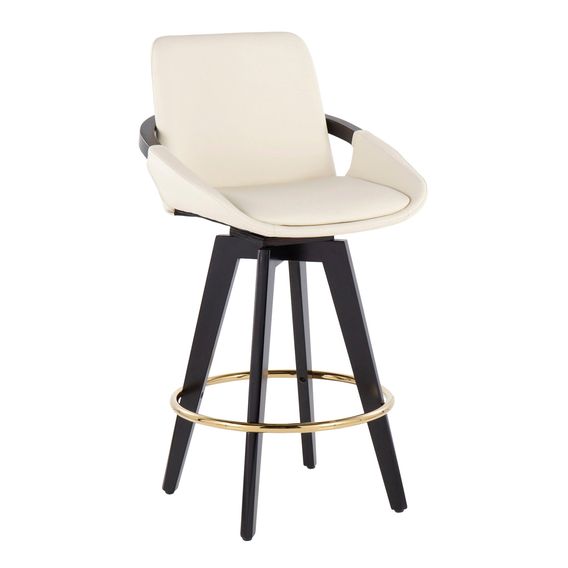 The Cosmo Contemporary Fixed Height Counter Stool (Set of 2) features a cream cushioned seat with armrests, black wooden legs, a round gold footrest, swivel function, and a sleek modern design.