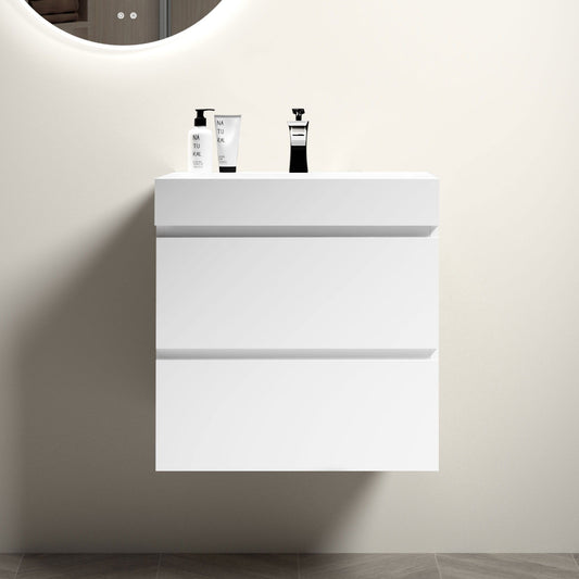 The Alice wall-mounted floating vanity features a modern minimalist design with two drawers and a one-piece sink basin (no drain or faucet), set against a light beige wall and gray tiled floor.