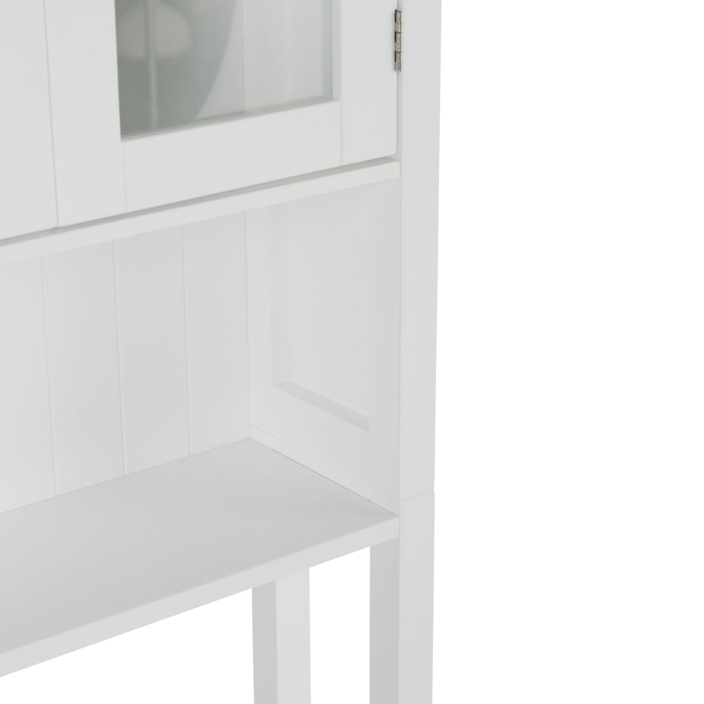 Partial view of the Acadian - Space Saver Cabinet in Pure White, featuring a glass door, an open shelf below, and a minimalist design with clean lines.