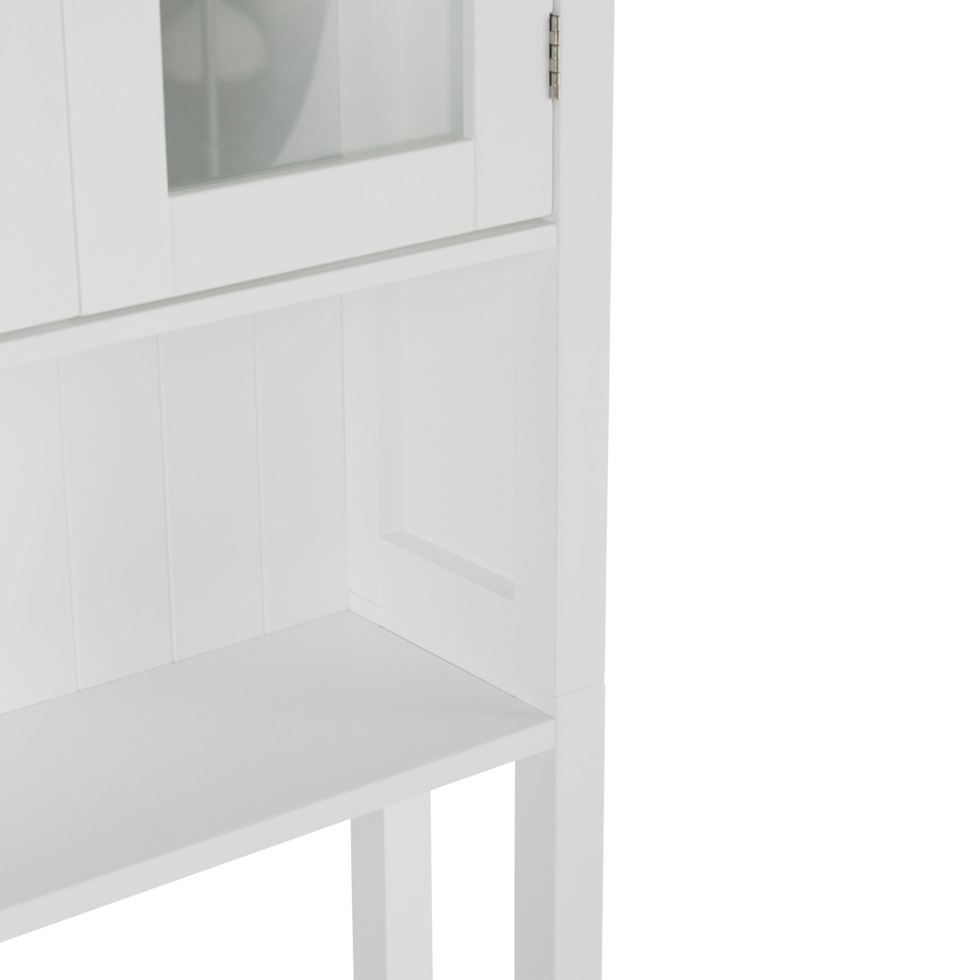 Partial view of the Acadian - Space Saver Cabinet in Pure White, featuring a glass door, an open shelf below, and a minimalist design with clean lines.