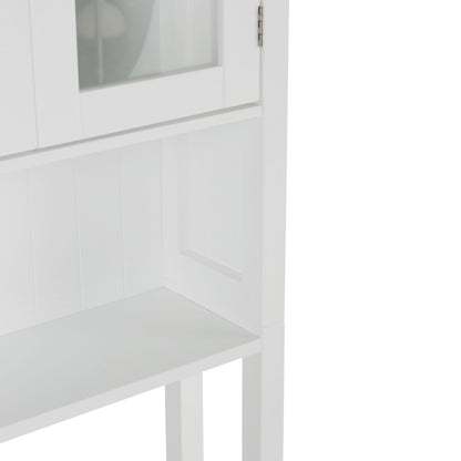 Partial view of the Acadian - Space Saver Cabinet in Pure White, featuring a glass door, an open shelf below, and a minimalist design with clean lines.