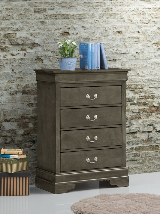 The Traditional Style Storage Chest Elegant with four gray drawers stands against a textured brick wall, topped with a potted plant and blue books. A stack of books sits next to it on the shiny, light-colored floor.
