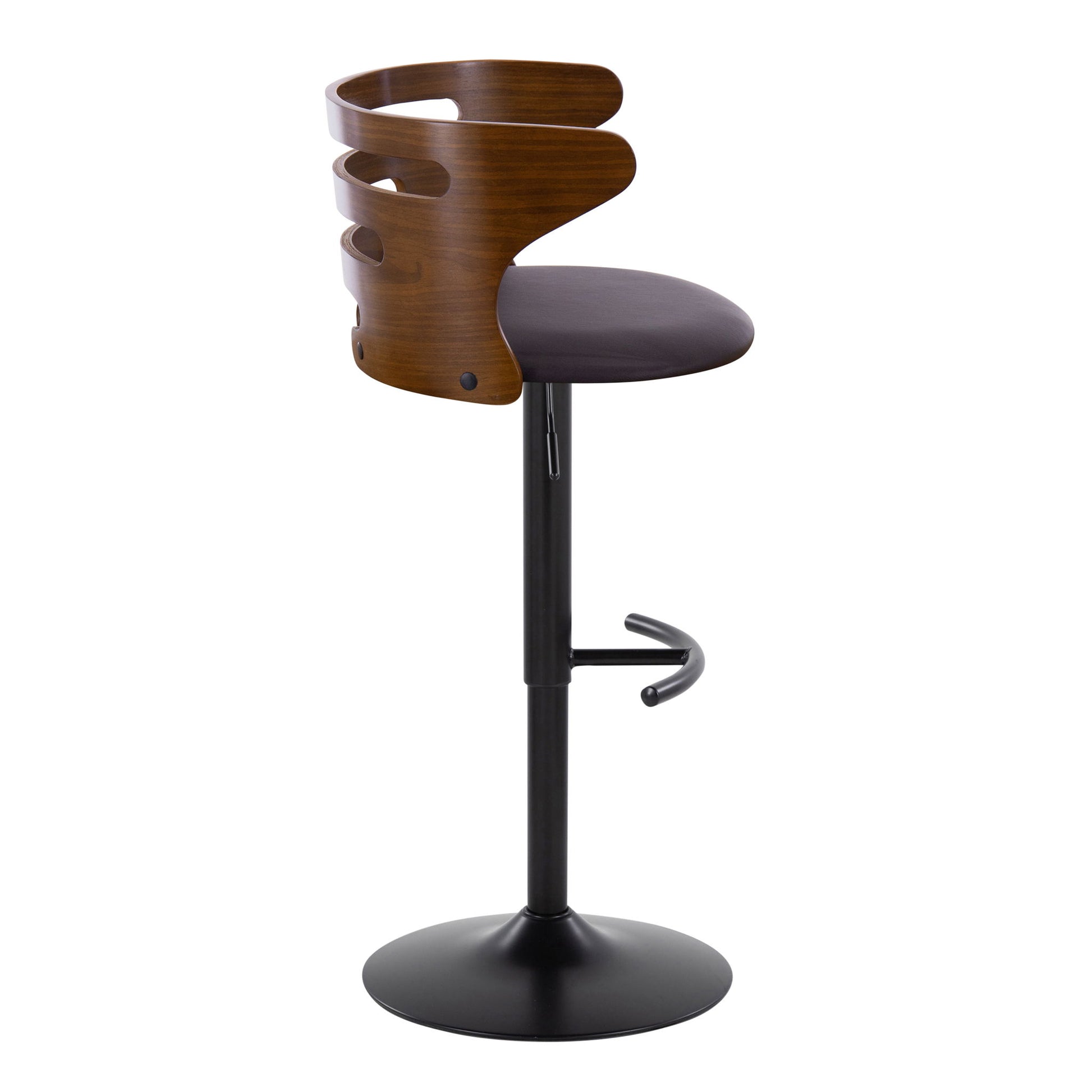 The Cosi Mid Century Modern Adjustable Barstool (Set of 2) features a curved wood backrest with cut-outs, a round cushioned seat, black metal pedestal base, swivel function, and rounded T footrest for a sleek contemporary look.