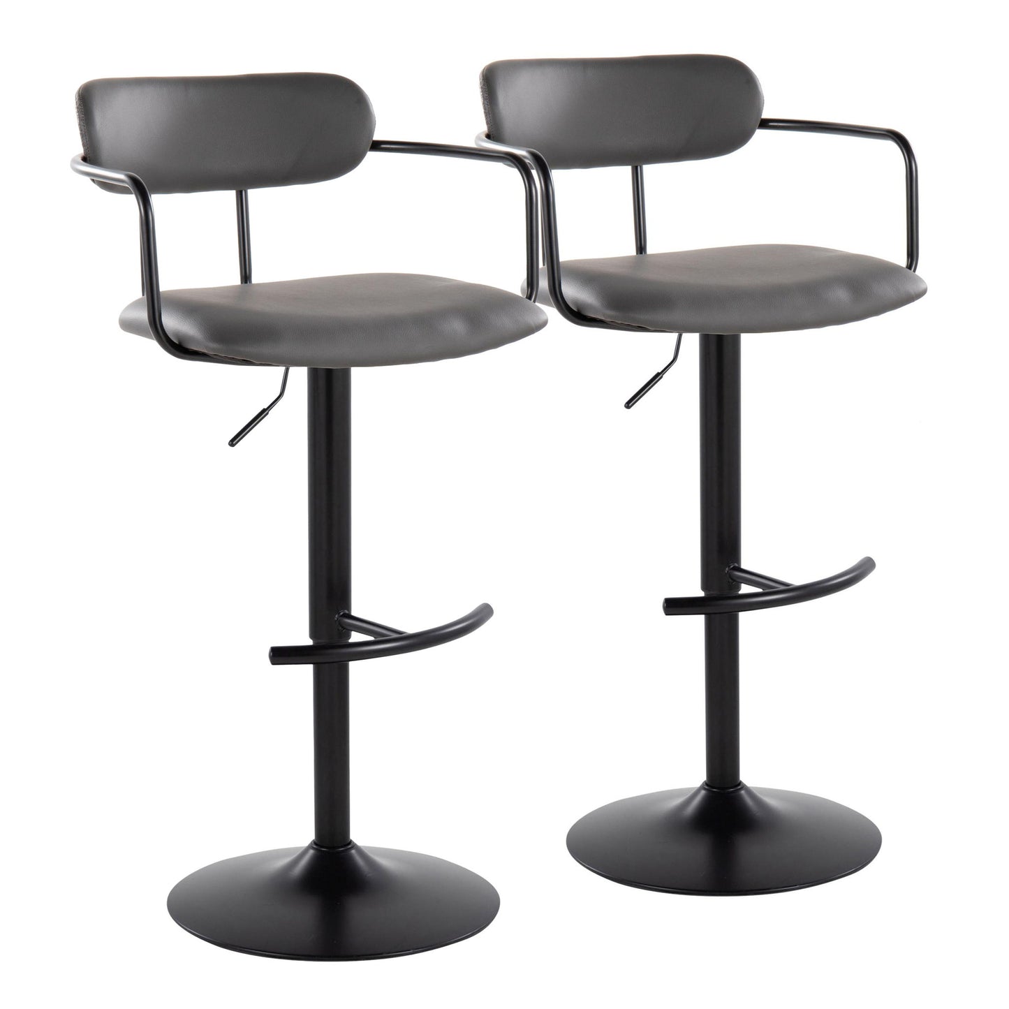 Set of 2 Demi contemporary adjustable height barstools with swivel, rounded T footrest, black padded seats, curved backrests, and metal arms on round pedestal bases, shown side by side against a white background.