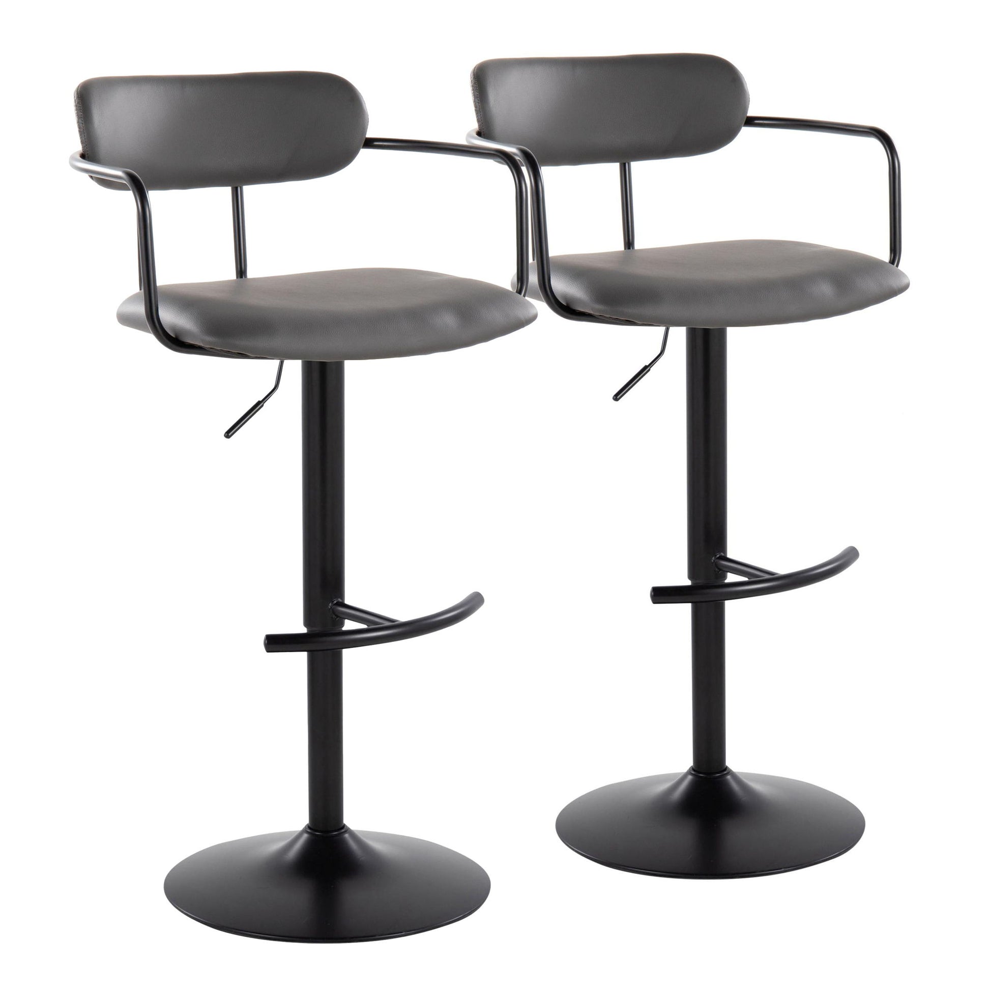 Set of 2 Demi contemporary adjustable height barstools with swivel, rounded T footrest, black padded seats, curved backrests, and metal arms on round pedestal bases, shown side by side against a white background.