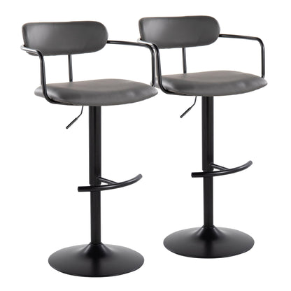 Set of 2 Demi contemporary adjustable height barstools with swivel, rounded T footrest, black padded seats, curved backrests, and metal arms on round pedestal bases, shown side by side against a white background.