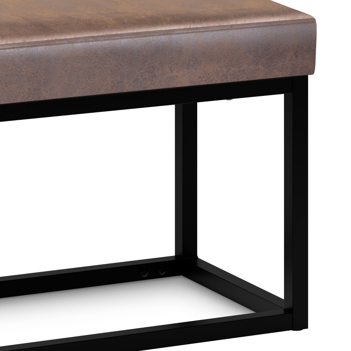 A close-up of the Reynolds - Small Bench in distressed chestnut brown with a cushioned seat and black metal rectangular frame, shown against a white background.
