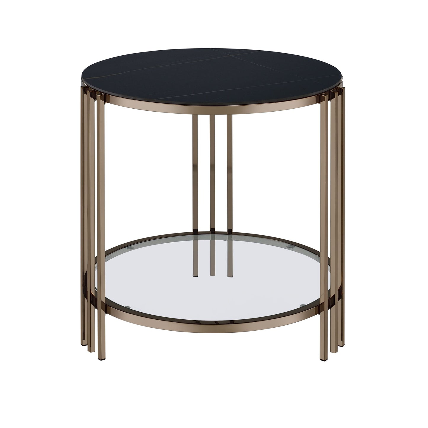 The Abisha Sintered Stone Top Round Table features a modern round silhouette, a black sintered stone top, gold metal frame, and a lower clear glass shelf.