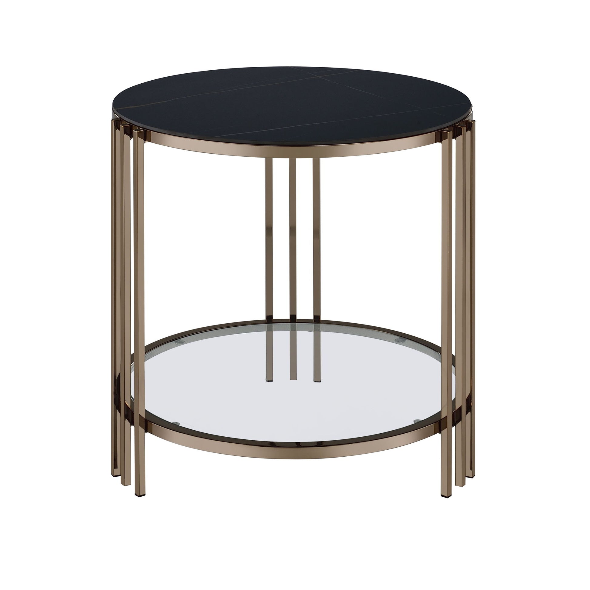 The Abisha Sintered Stone Top Round Table features a modern round silhouette, a black sintered stone top, gold metal frame, and a lower clear glass shelf.