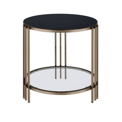 The Abisha Sintered Stone Top Round Table features a modern round silhouette, a black sintered stone top, gold metal frame, and a lower clear glass shelf.
