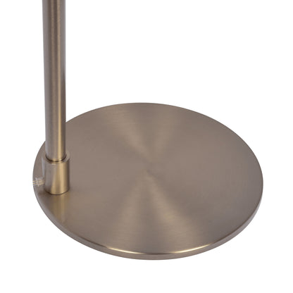 Close-up of the Serene floor lamp’s round, brushed nickel base with a vertical pole attached to the edge, shown on a white background. Features a rotary switch and linen shade in white.
