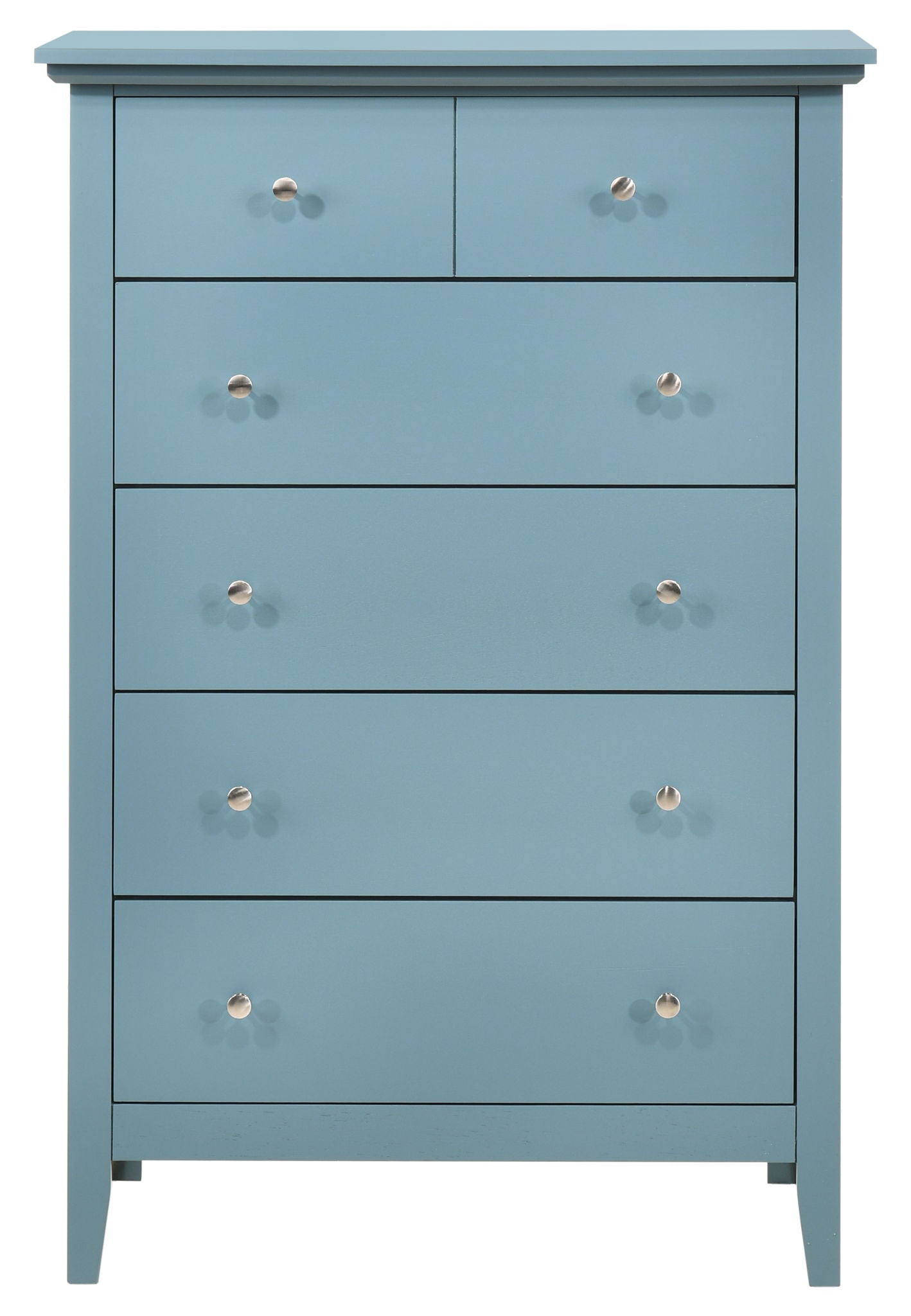 The Hammond Chest is a light blue wooden dresser featuring five drawers—two smaller ones on top and three spacious lower drawers—all with round silver knobs.
