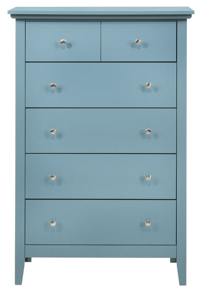 The Hammond Chest is a light blue wooden dresser featuring five drawers—two smaller ones on top and three spacious lower drawers—all with round silver knobs.