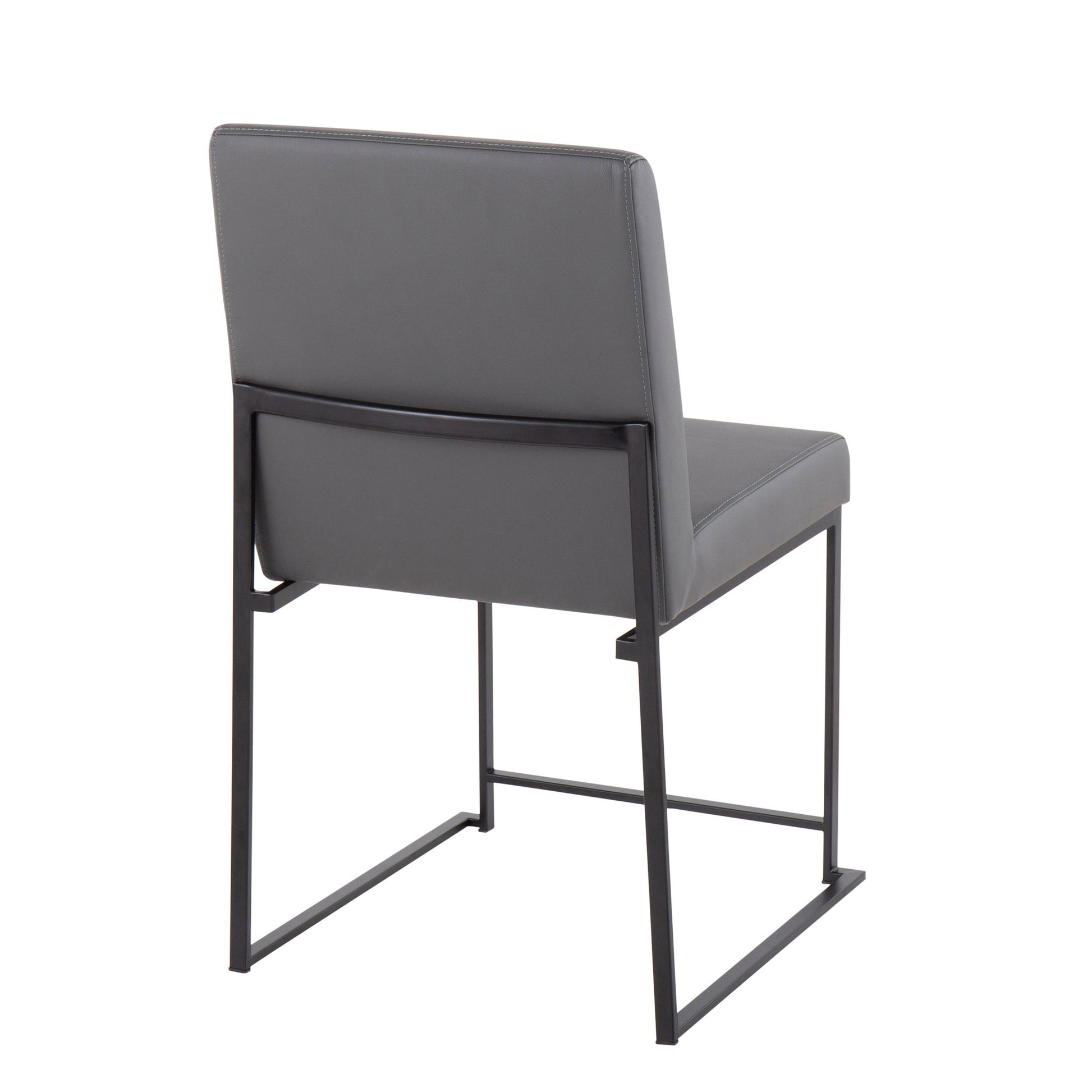 The Fuji - Contemporary Modern Elegance With High Back Dining Chair (Set of 2) features gray cushioned seats and backrests on black metal sled-style frames, shown from rear and side angles.