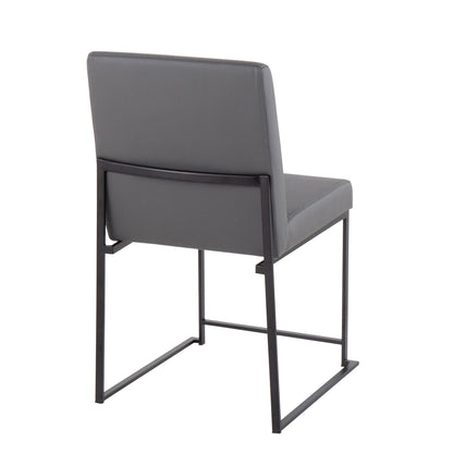 The Fuji - Contemporary Modern Elegance With High Back Dining Chair (Set of 2) features gray cushioned seats and backrests on black metal sled-style frames, shown from rear and side angles.