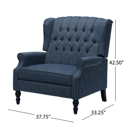 The Dunham Contemporary Fabric Tufted Oversized Pushback Recliner features dark blue upholstery, a wingback design with rolled arms, nailhead trim, turned wooden legs, and measures 42.5"H x 37.75"W x 33.25"D.