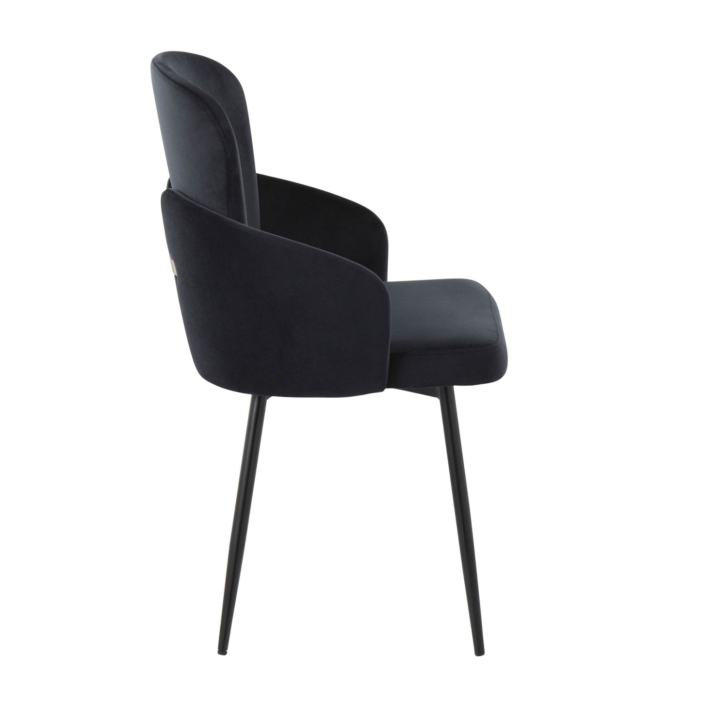 Side view of the Dahlia - Contemporary Elegant Design Dining Chair (Set of 2), featuring dark navy upholstery, a curved backrest with armrests, and slim black metal legs.