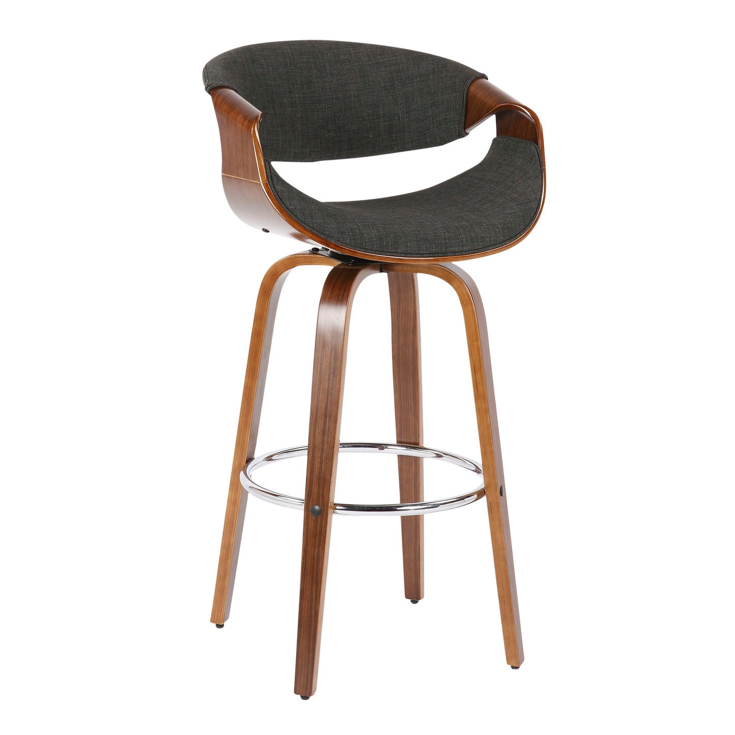 The Curvini Mid-Century Modern Fixed Height Barstool with Swivel (Set of 2) features curved wooden legs, a circular chrome footrest, and black cushioned seat and backrest in a sleek, open-sided design.