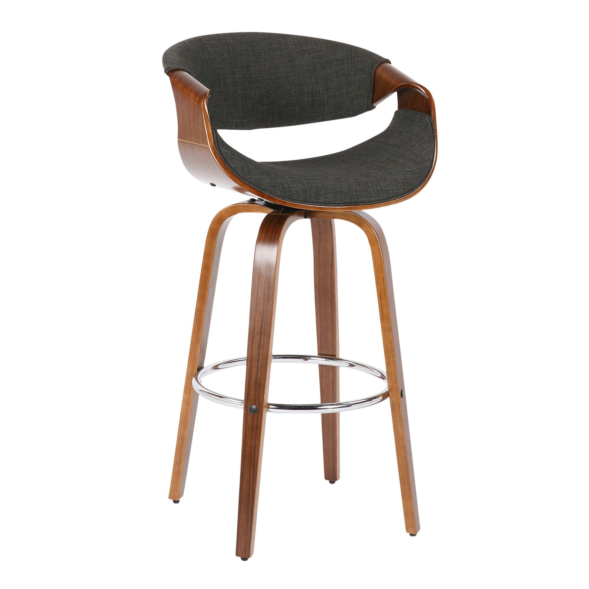 The Curvini Mid-Century Modern Fixed Height Barstool with Swivel (Set of 2) features curved wooden legs, a circular chrome footrest, and black cushioned seat and backrest in a sleek, open-sided design.