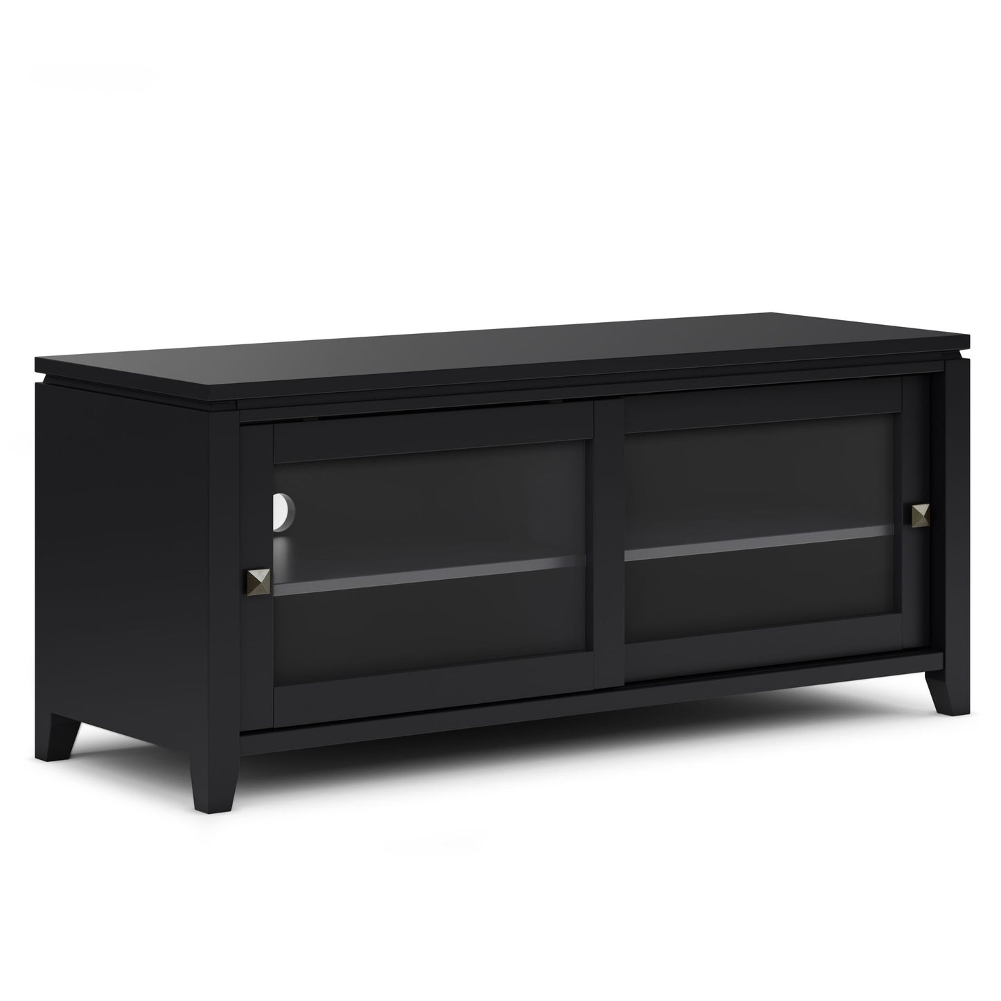 The Cosmopolitan - Handcrafted TV Media Stand is black wood with two sliding glass doors, square metallic handles, an inner shelf, short legs, and a simple modern design.