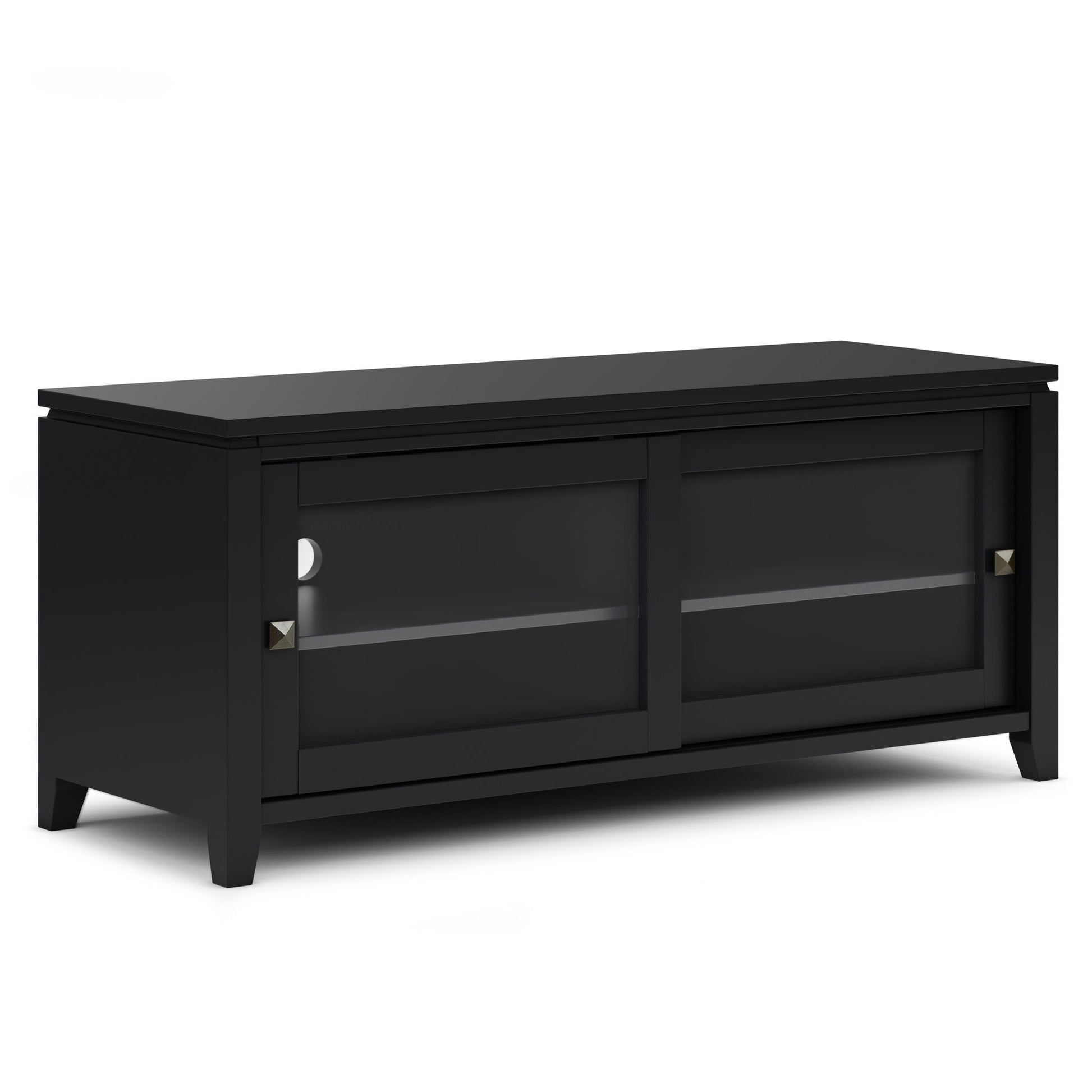 The Cosmopolitan - Handcrafted TV Media Stand is black wood with two sliding glass doors, square metallic handles, an inner shelf, short legs, and a simple modern design.