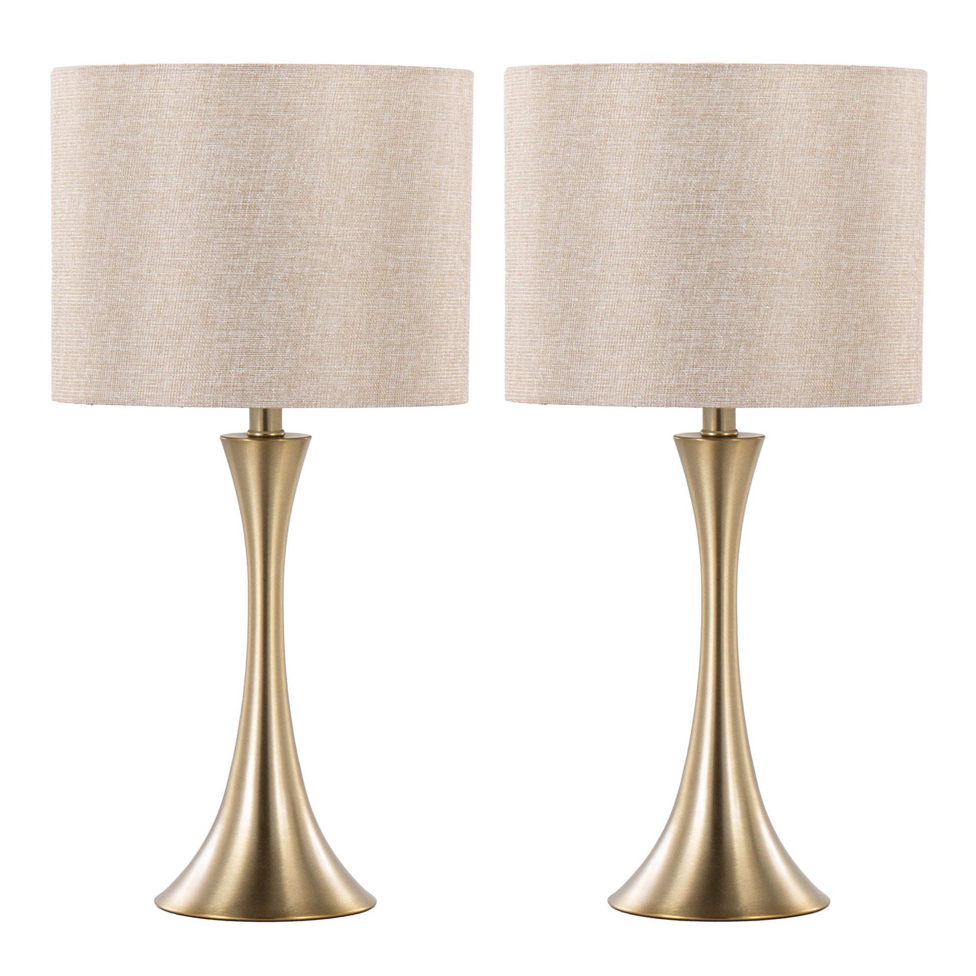 The Lenuxe Contemporary & Modern Design Table Lamp set features two lamps with slender gold metal bases and round beige fabric shades, displayed side by side against a white background.