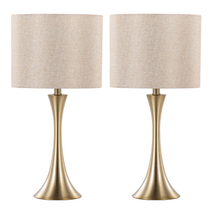 The Lenuxe Contemporary & Modern Design Table Lamp set features two lamps with slender gold metal bases and round beige fabric shades, displayed side by side against a white background.