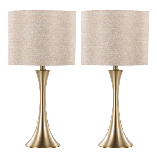 The Lenuxe Contemporary & Modern Design Table Lamp set features two lamps with slender gold metal bases and round beige fabric shades, displayed side by side against a white background.