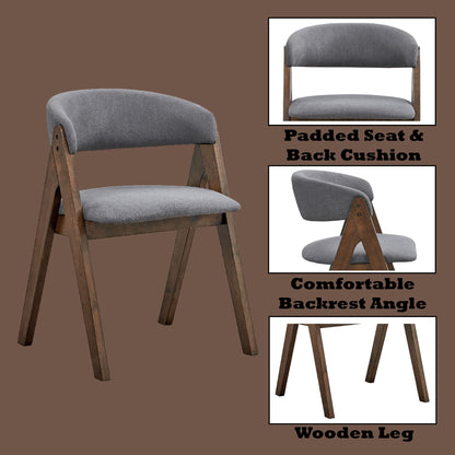 The Keiki - Side Chair (Set of 2) in gray features a padded seat and backrest, angled wooden legs, and a comfortable backrest angle. Three inset images highlight the soft cushions, ergonomic backrest, and sturdy wooden legs.