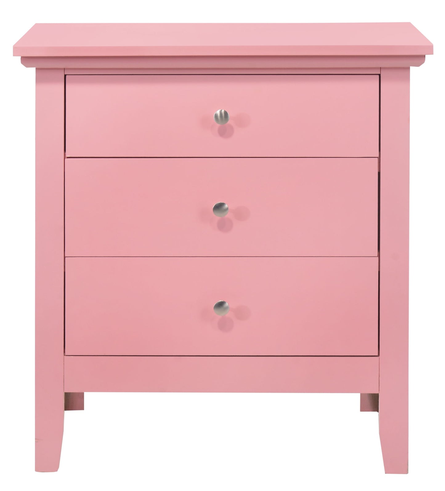 The Hammond 3 Drawer Nightstand is pink with silver knobs, simple lines, and a flat top. It stands on four short legs and is pictured against a white background.