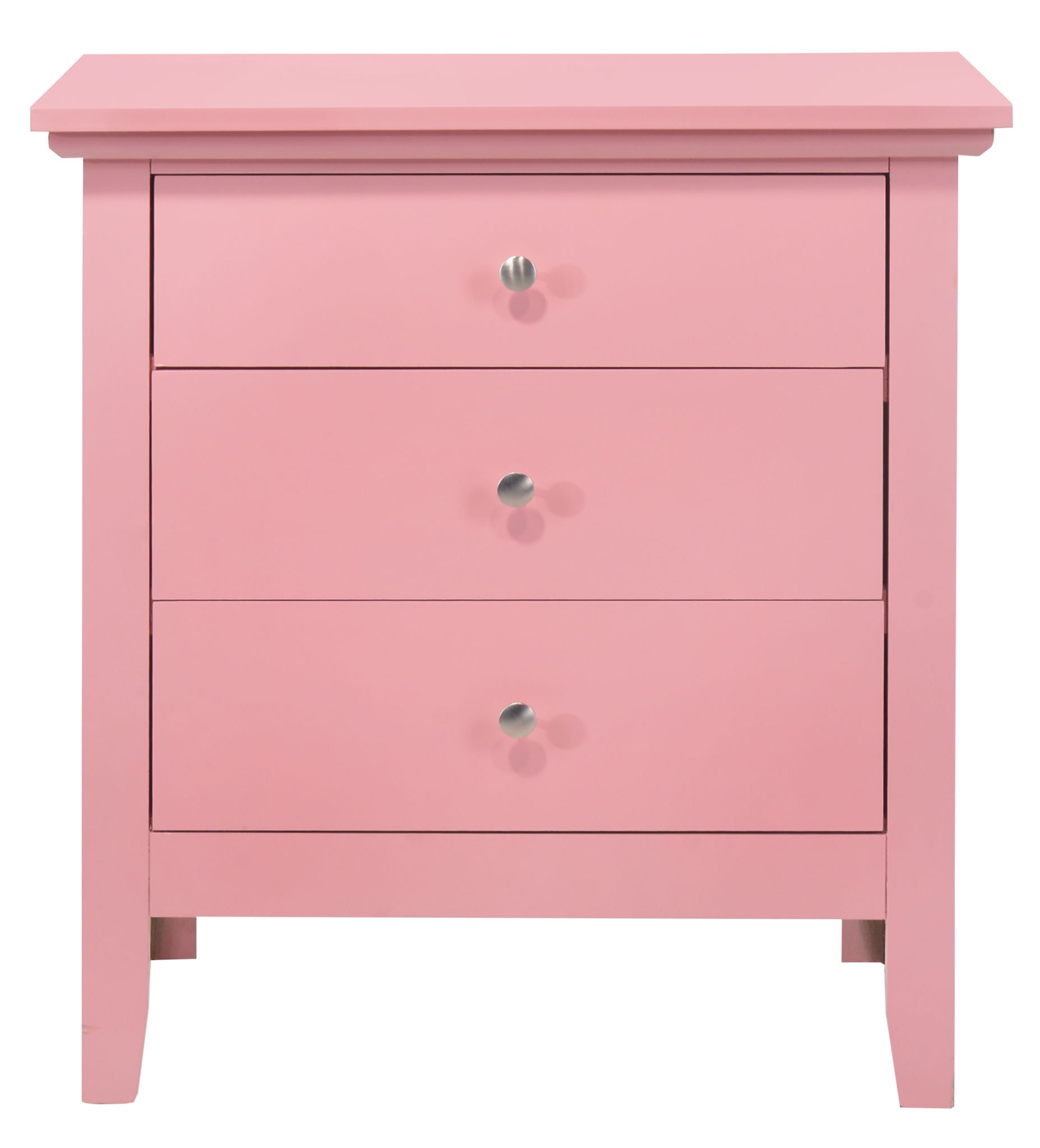The Hammond 3 Drawer Nightstand is pink with silver knobs, simple lines, and a flat top. It stands on four short legs and is pictured against a white background.