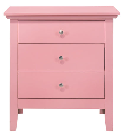 The Hammond 3 Drawer Nightstand is pink with silver knobs, simple lines, and a flat top. It stands on four short legs and is pictured against a white background.