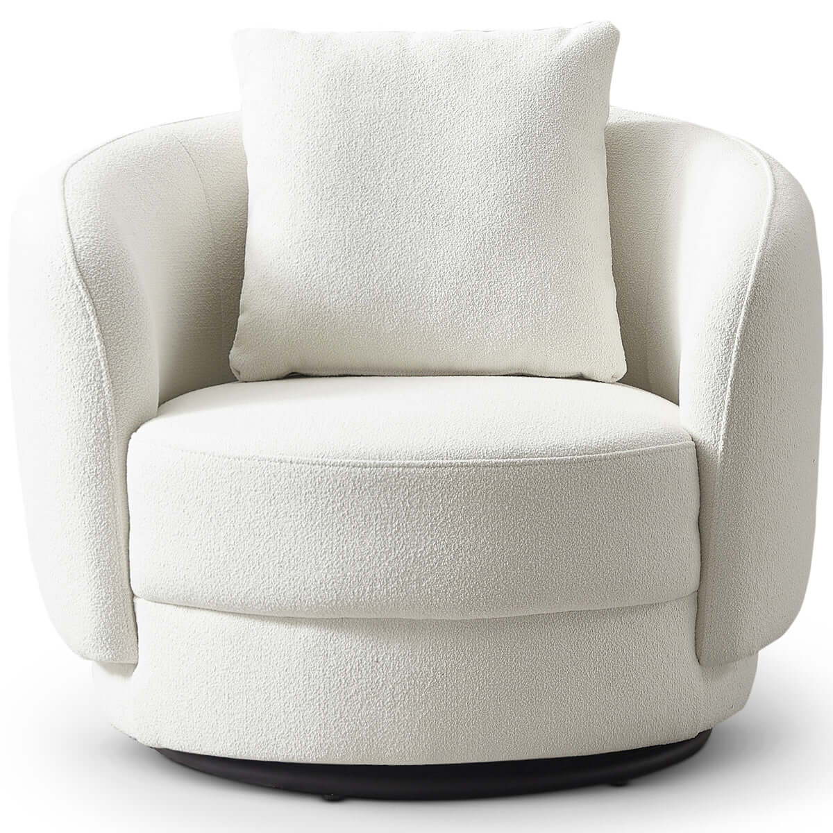 The Dylan Boucle Lounge Chair is a modern, round, white swivel chair with plush cushion, soft upholstery, curved backrest and armrests, a matching pillow, and a dark circular base.