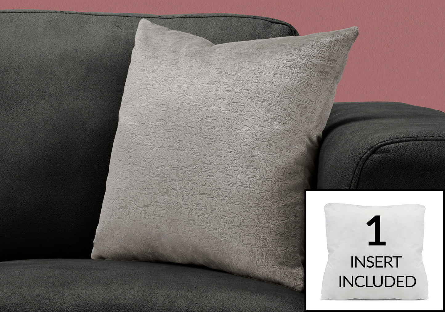 A light gray Pillow Square Decorative Throw pillow with hypoallergenic insert rests on a dark gray sofa. An inset shows the included white insert labeled "1 INSERT INCLUDED." The background wall is pink.